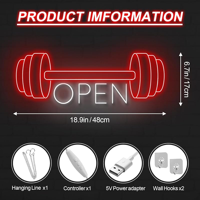Letrero neón abierto para gimnasio LED rojo