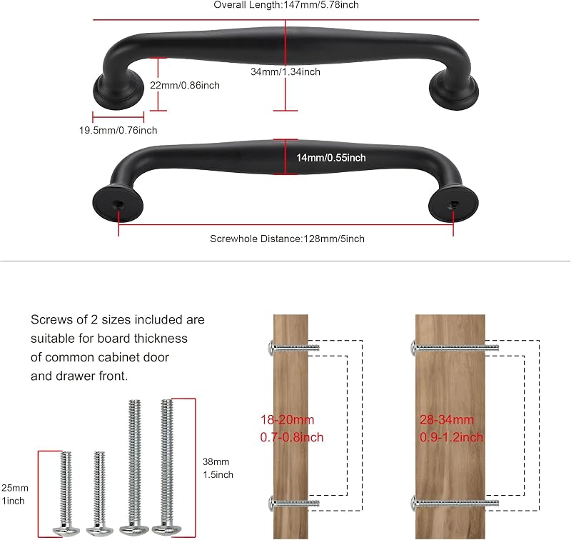 10 Manijas Gabinete Negro Mate 5/128mm para Cocina