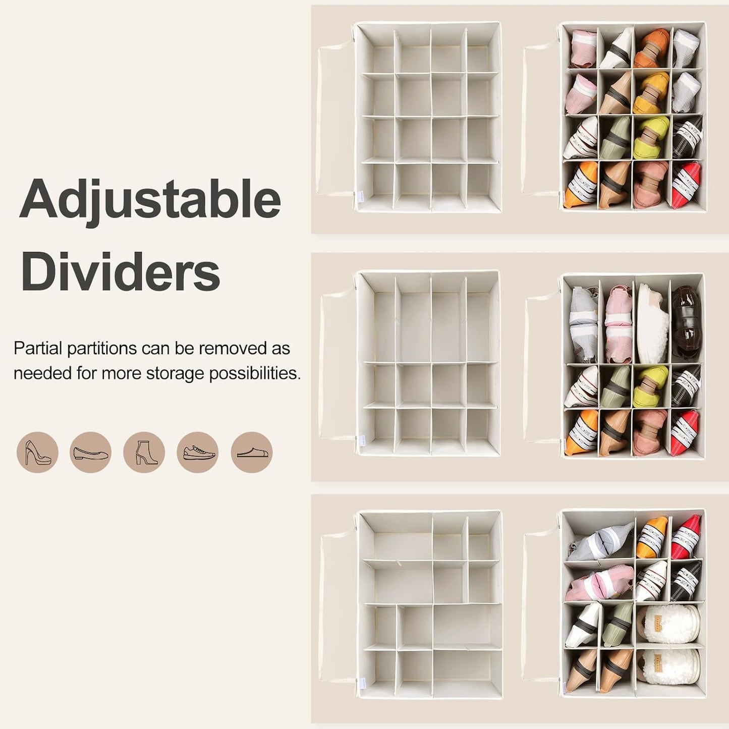 Organiz. zapatos plegable 2 pzas con divisores beige