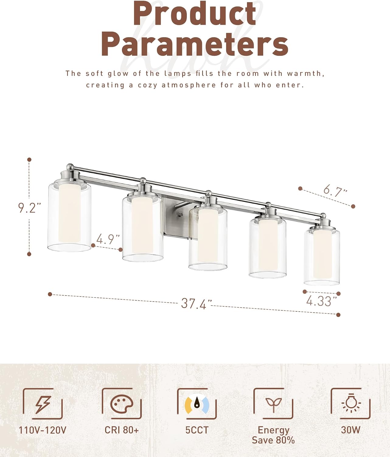 Lámpara baño 5 luces LED níquel cepillado 30W
