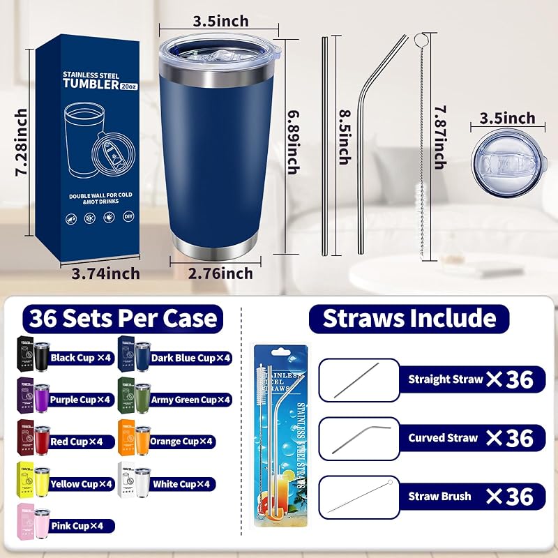 36 Vasos Acero Inox 20oz Doble Pared con Tapas