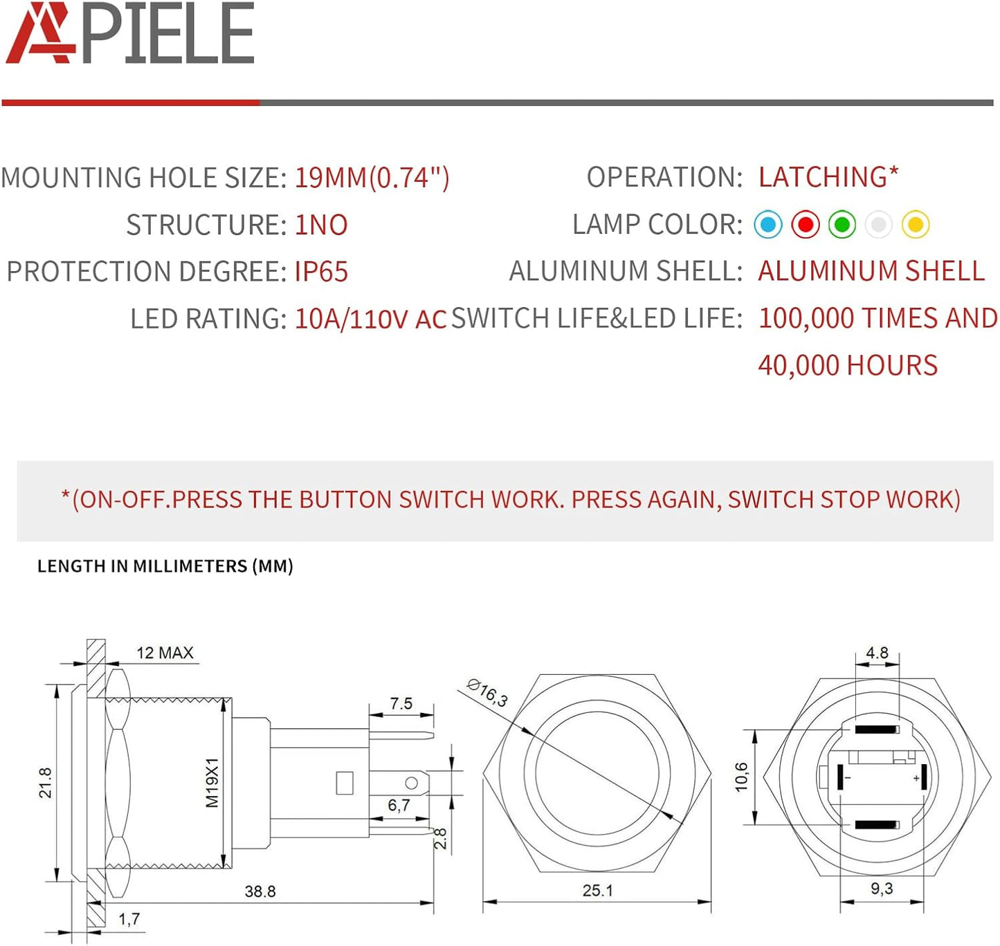 Interruptor botón pestillo 0.748pulg 110-220V LED
