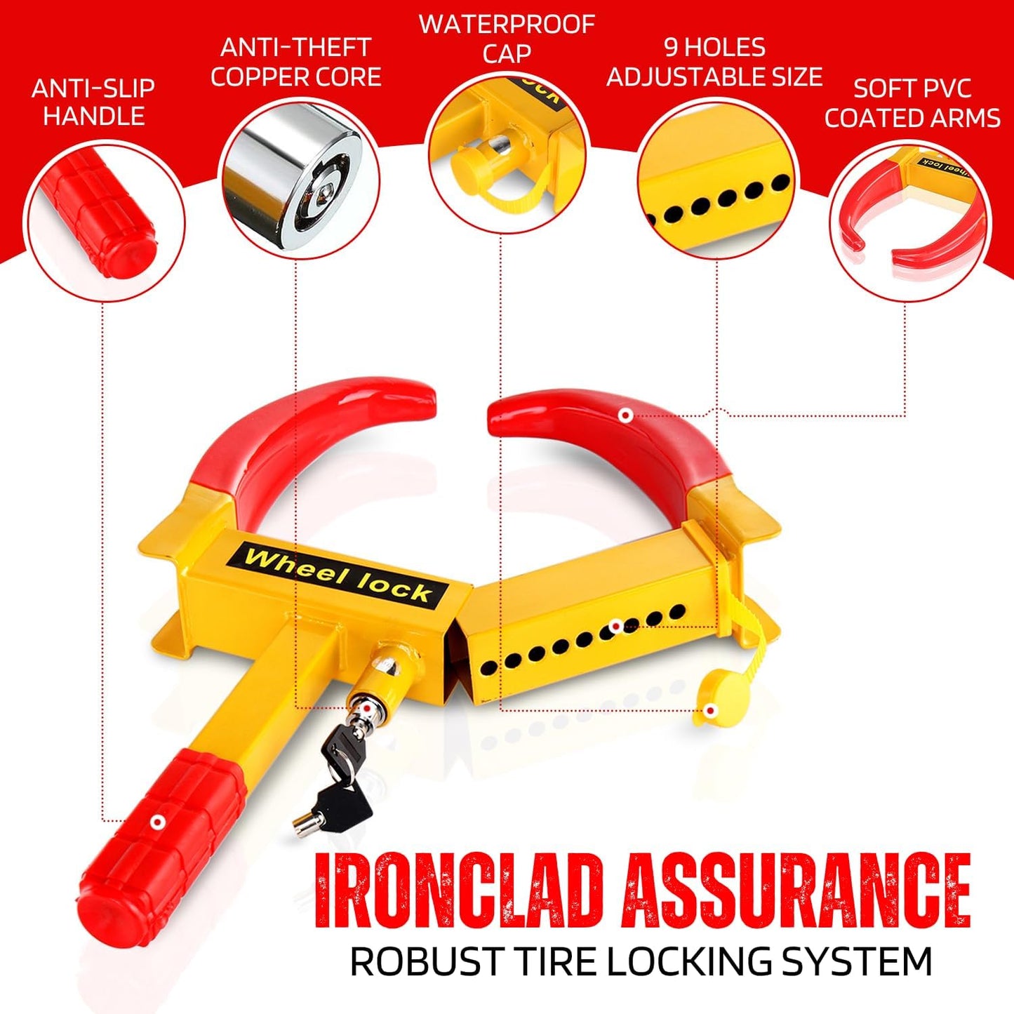 Abrazadera antirrobo rueda set 2 acero amarillo rojo