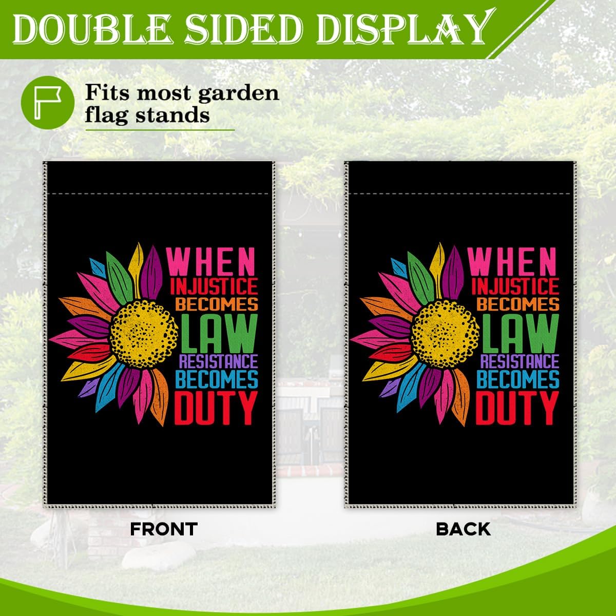 Bandera jardín doble cara 12x18" justicia social