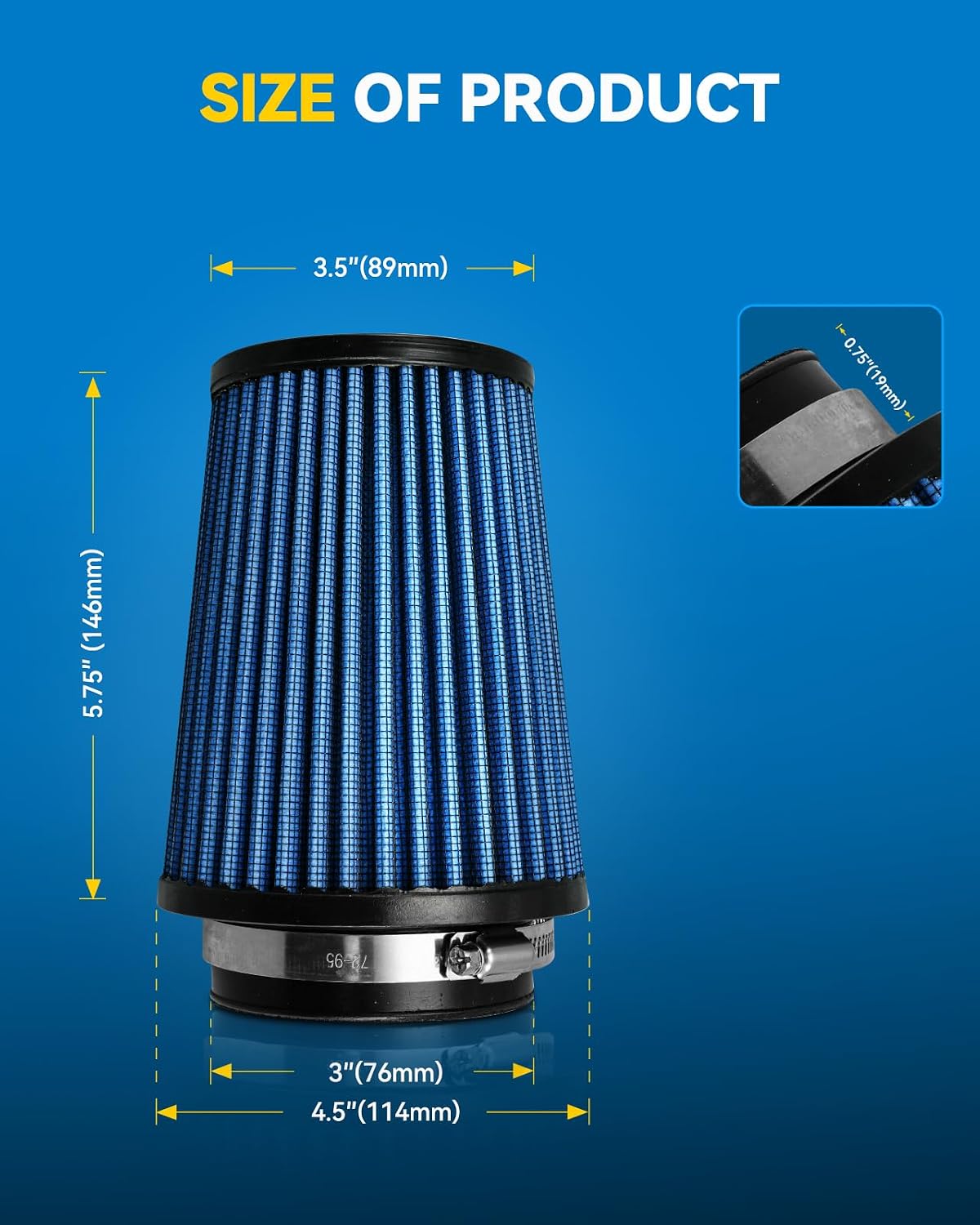 Filtro aire universal lavable 3pulg 5.75pulg