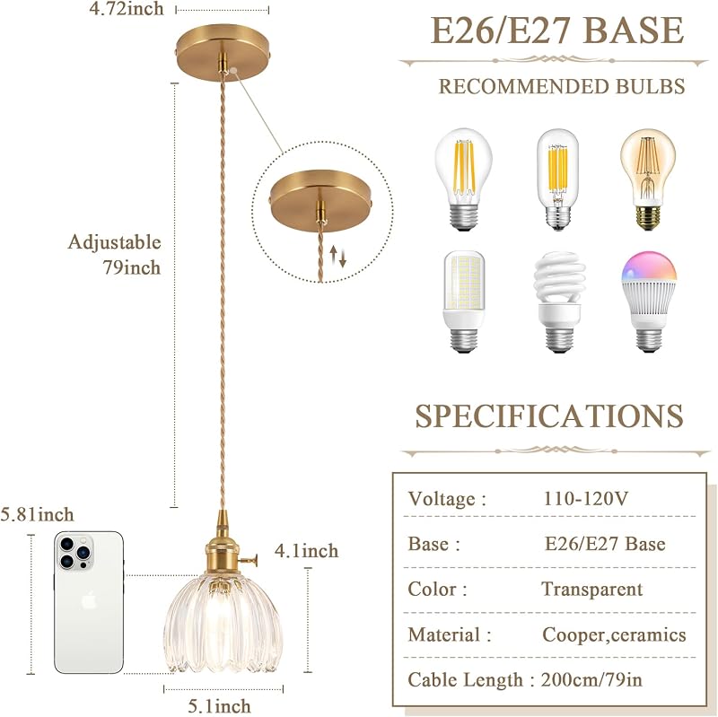 Lámpara colgante vintage E26 cristal 5.1" dormitorio