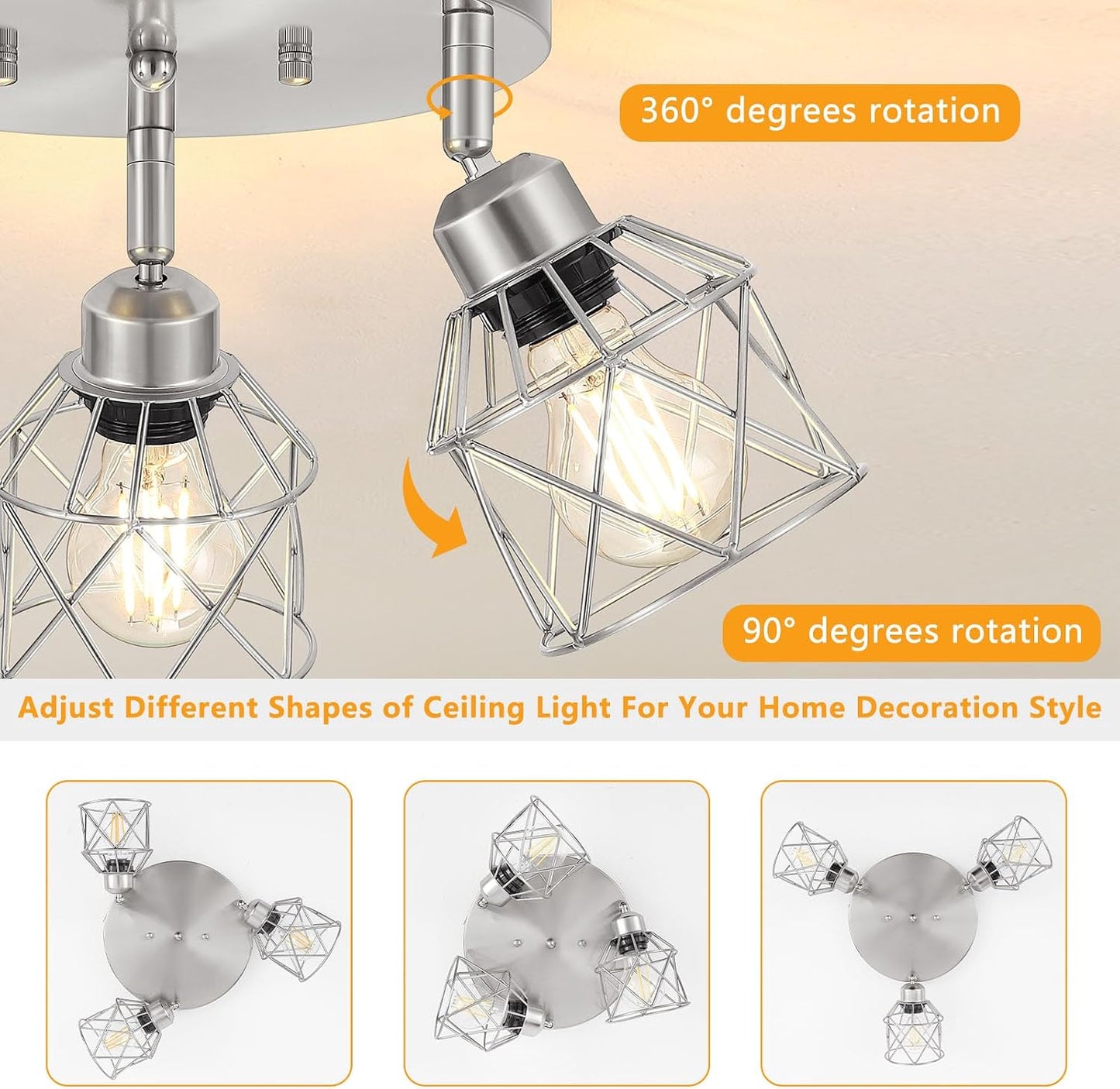 Lámpara techo níquel cepillado 3 luces E26 plateadas