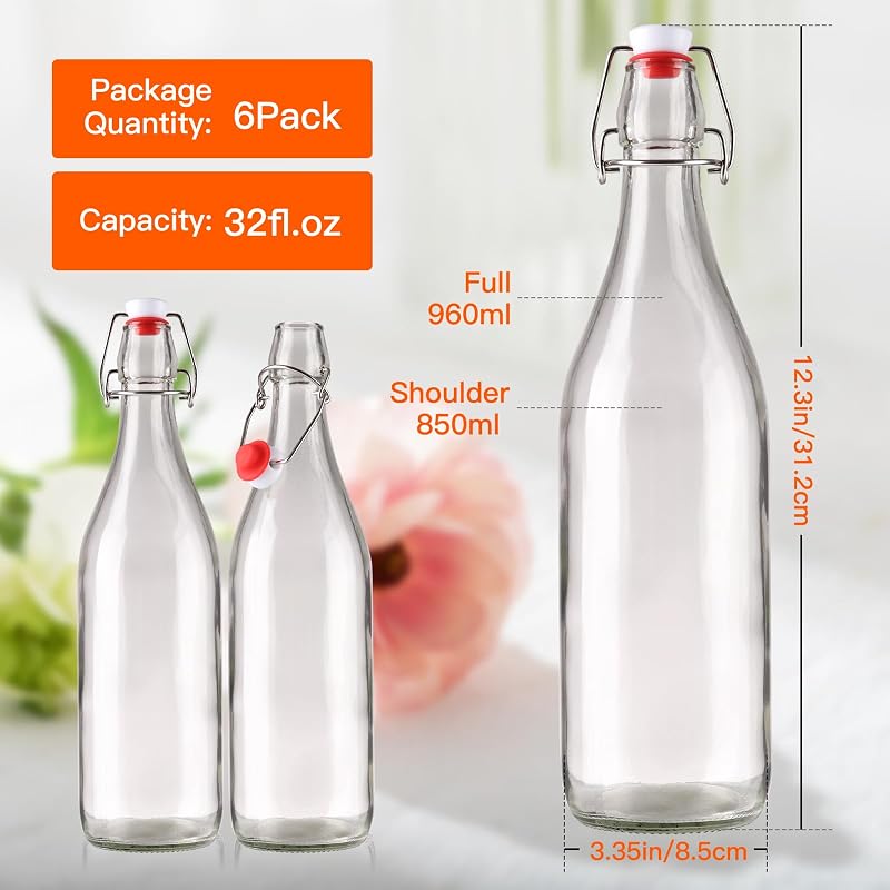 Botella vidrio abatible 32oz set 6 con tapa hermética