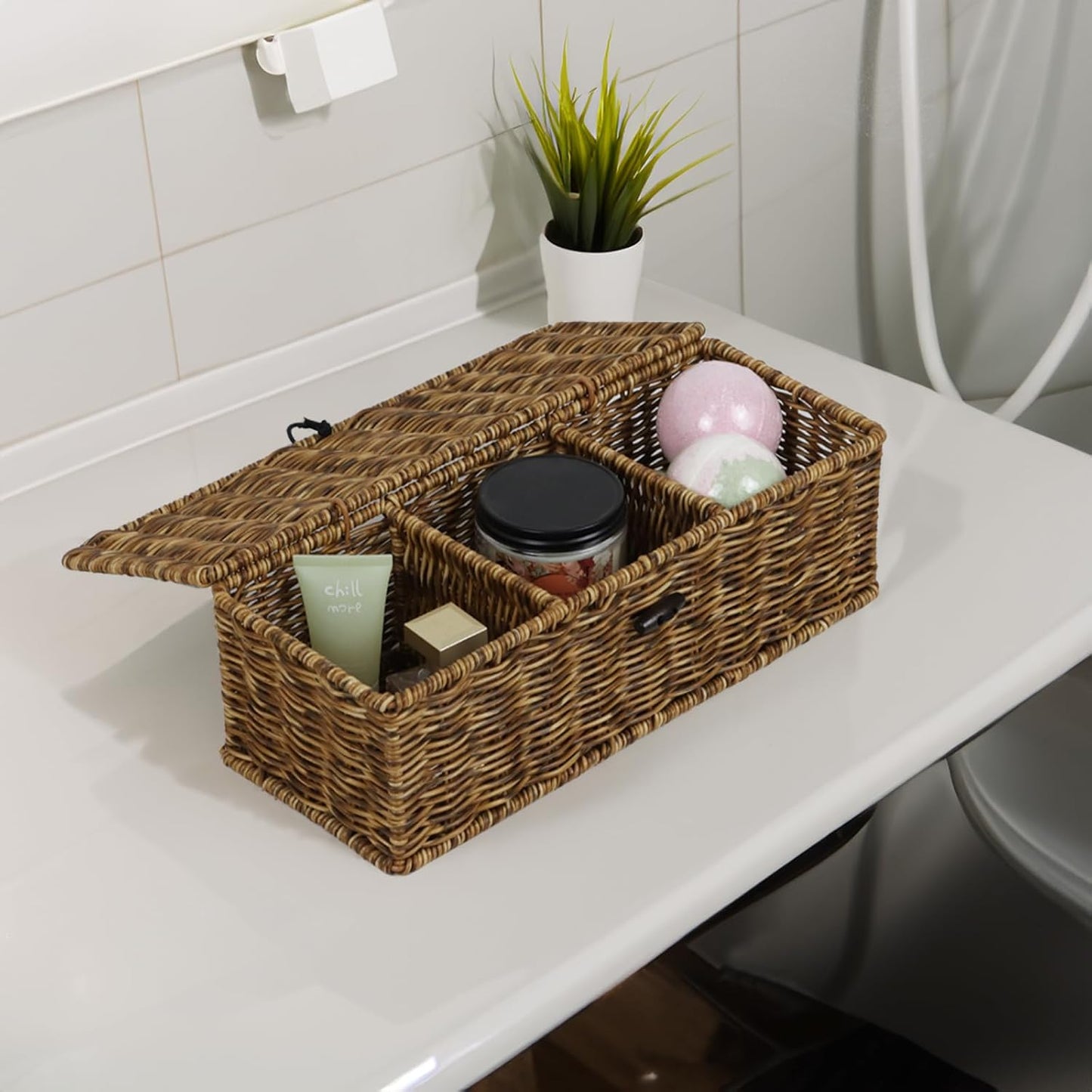 Cesta mimbre impermeable con tapa para aperitivos y baño