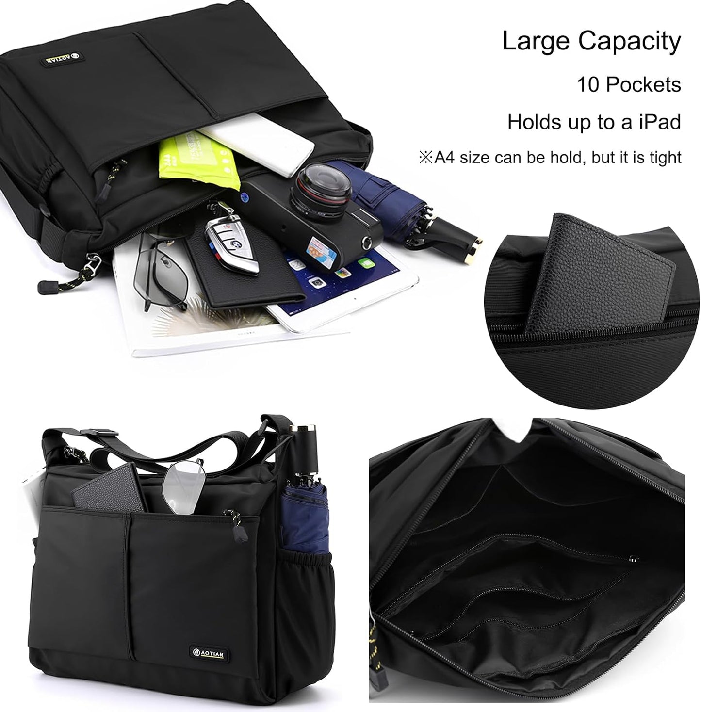 Bolsa hombro hombre nailon impermeable ligera negro