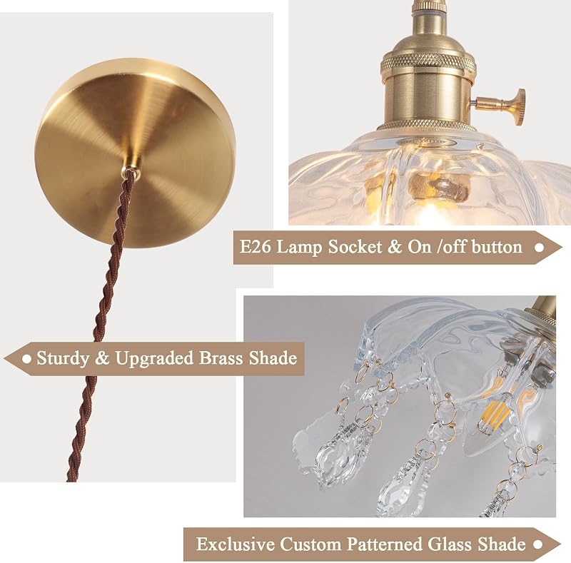 Lámpara colgante cristal vintage con cable dorado 8" E26