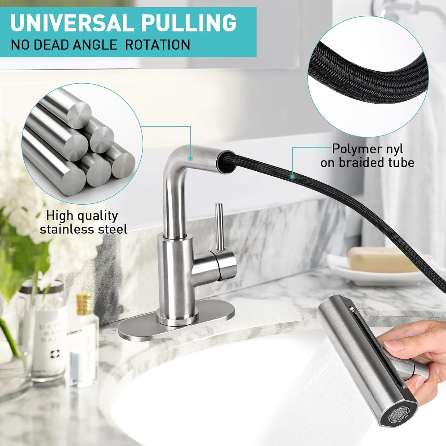 Grifo lavabo rociador 4 modos níquel cepillado