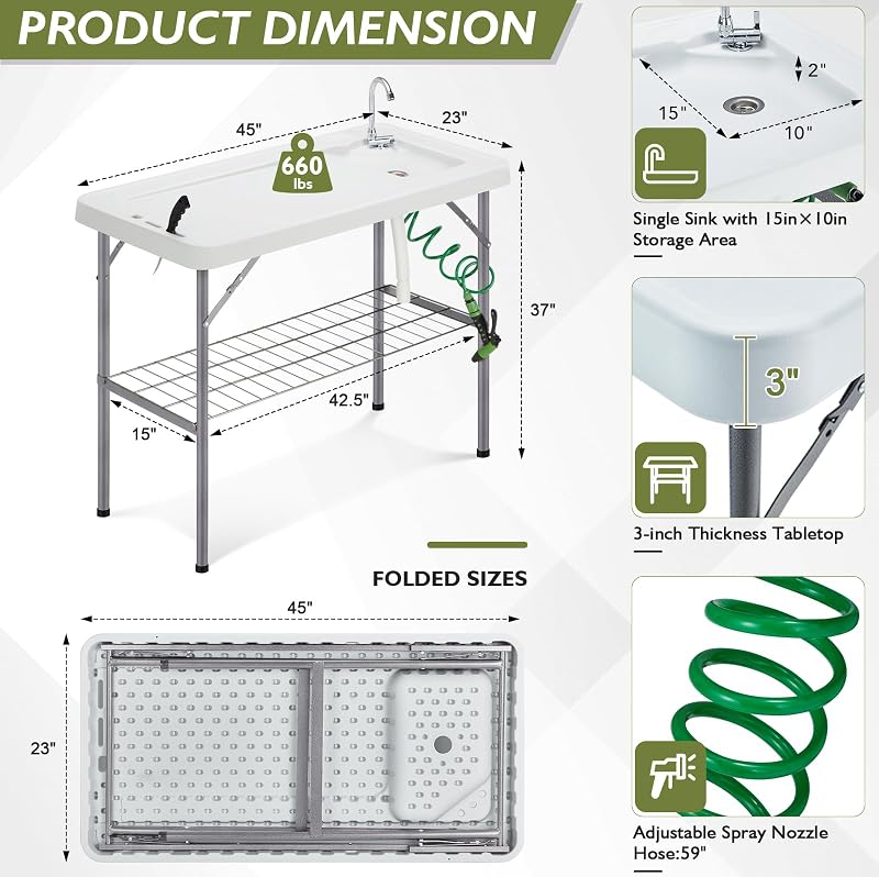 Mesa plegable limpieza pescado camping con grifo y drenaje