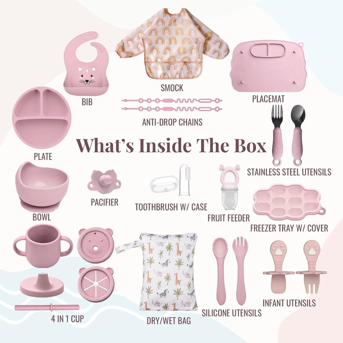 Set 25 Pzas Silicona Alimentación Bebé Babero Taza Bolsas Rosa