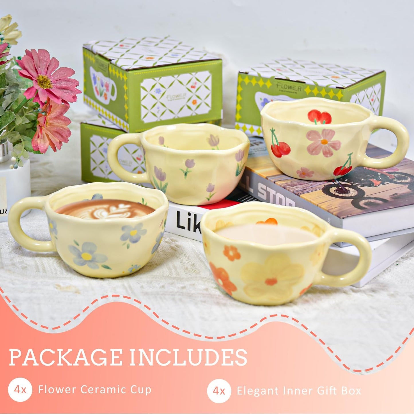 Set 4 Tazas Cerámica 8oz con Flores para Mujer y Niña