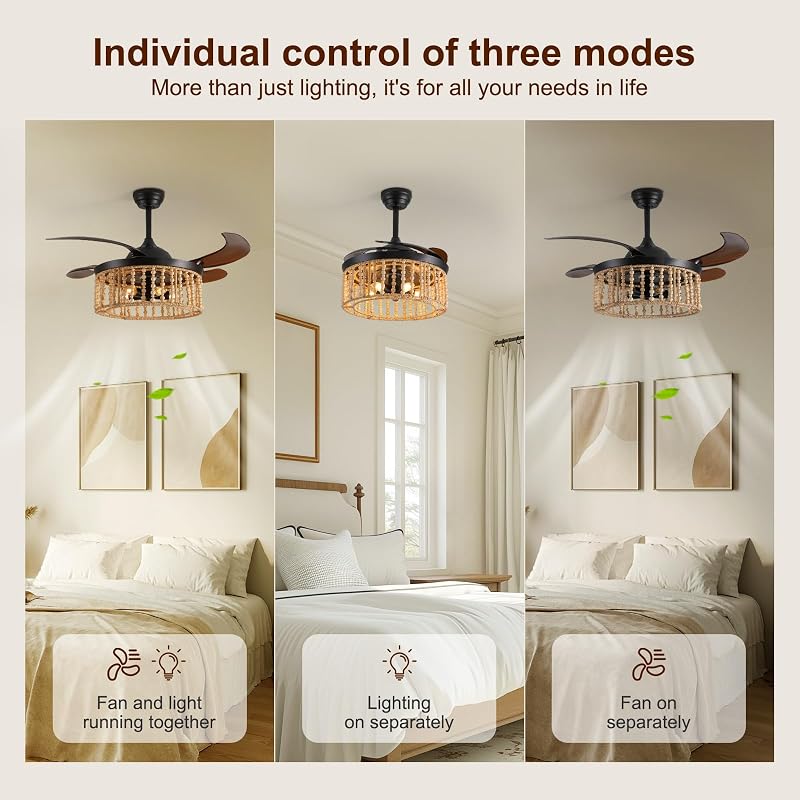 Ventilador techo retráctil bohemio 42" luces cuentas madera