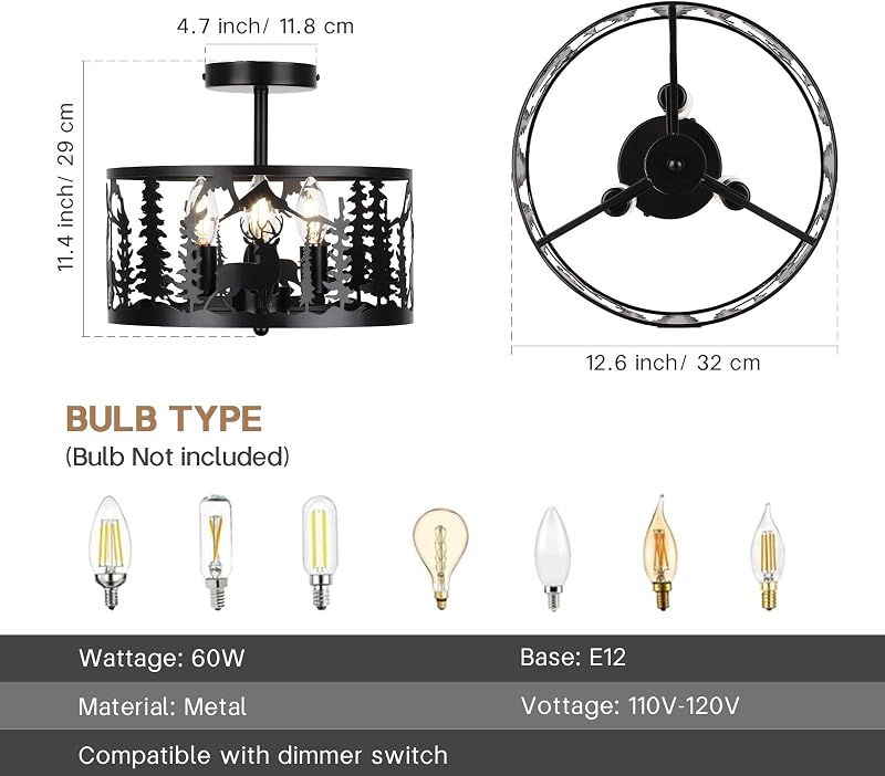 Lámpara techo 3 luces metal diseño ciervo negro rústico