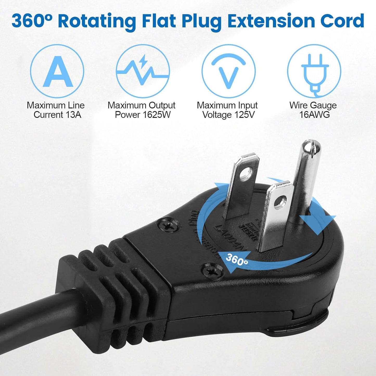 Cable extensión enchufe plano giratorio 360° 16 AWG 125V negro