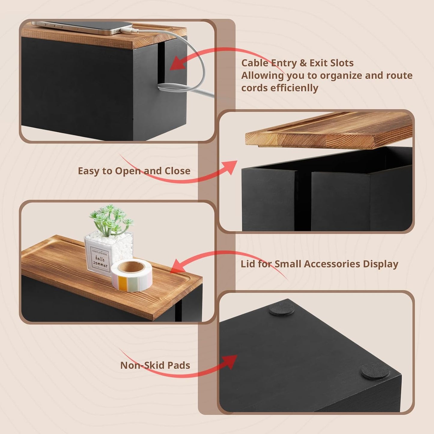 Caja organizadora cables madera 2 ranuras para escritorio