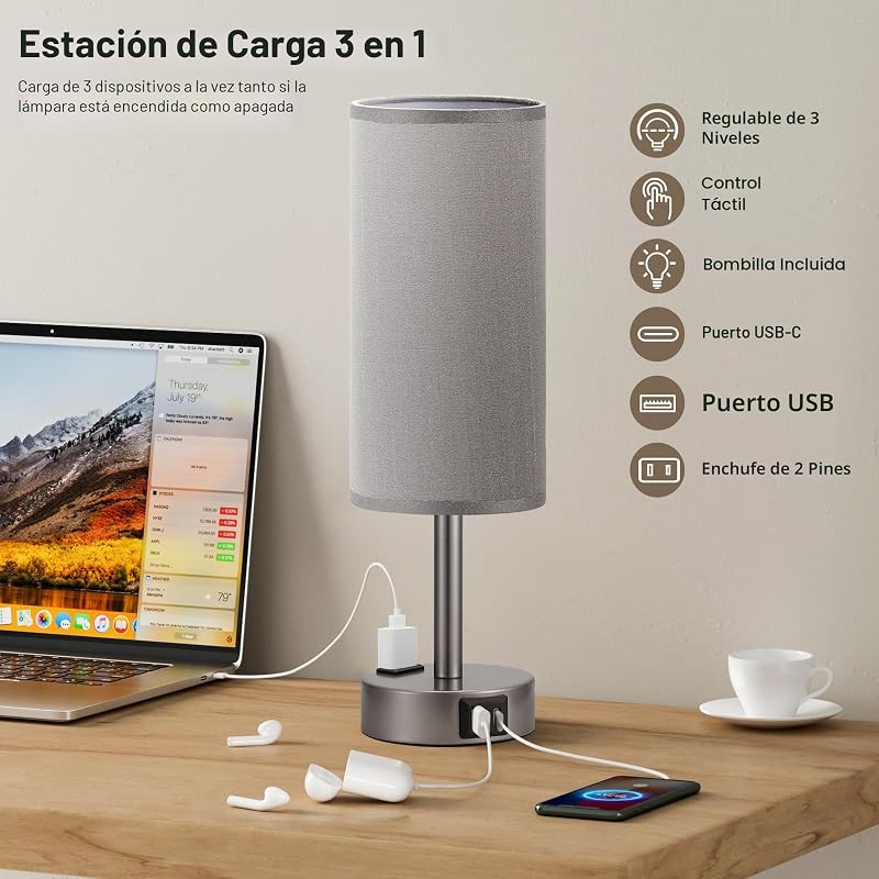 Lámpara mesita noche gris táctil 3 vías USB C y CA LED