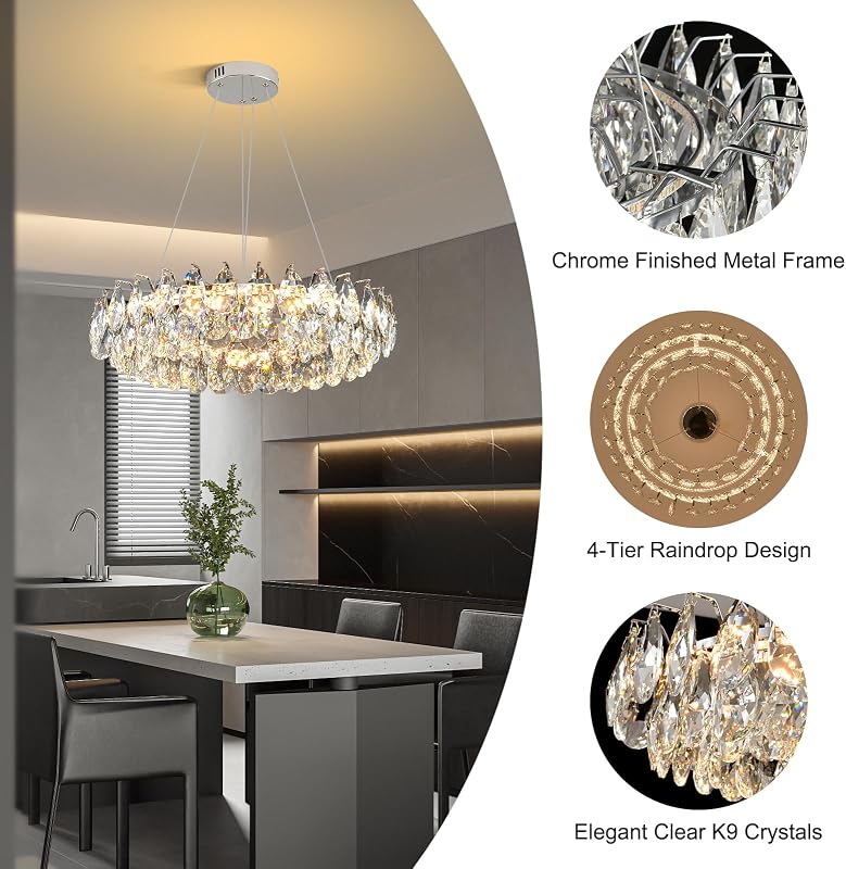 Candelabro moderno cristal redondo 24pulg cromado 4 niveles