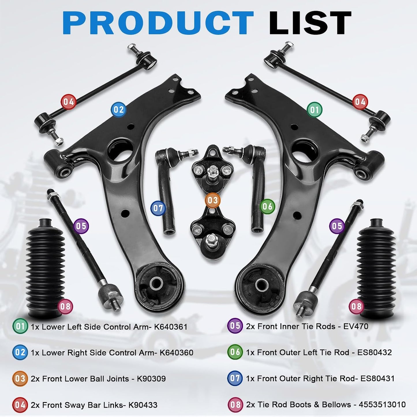 Kit suspensión 12 Pzas Toyota Corolla brazos control