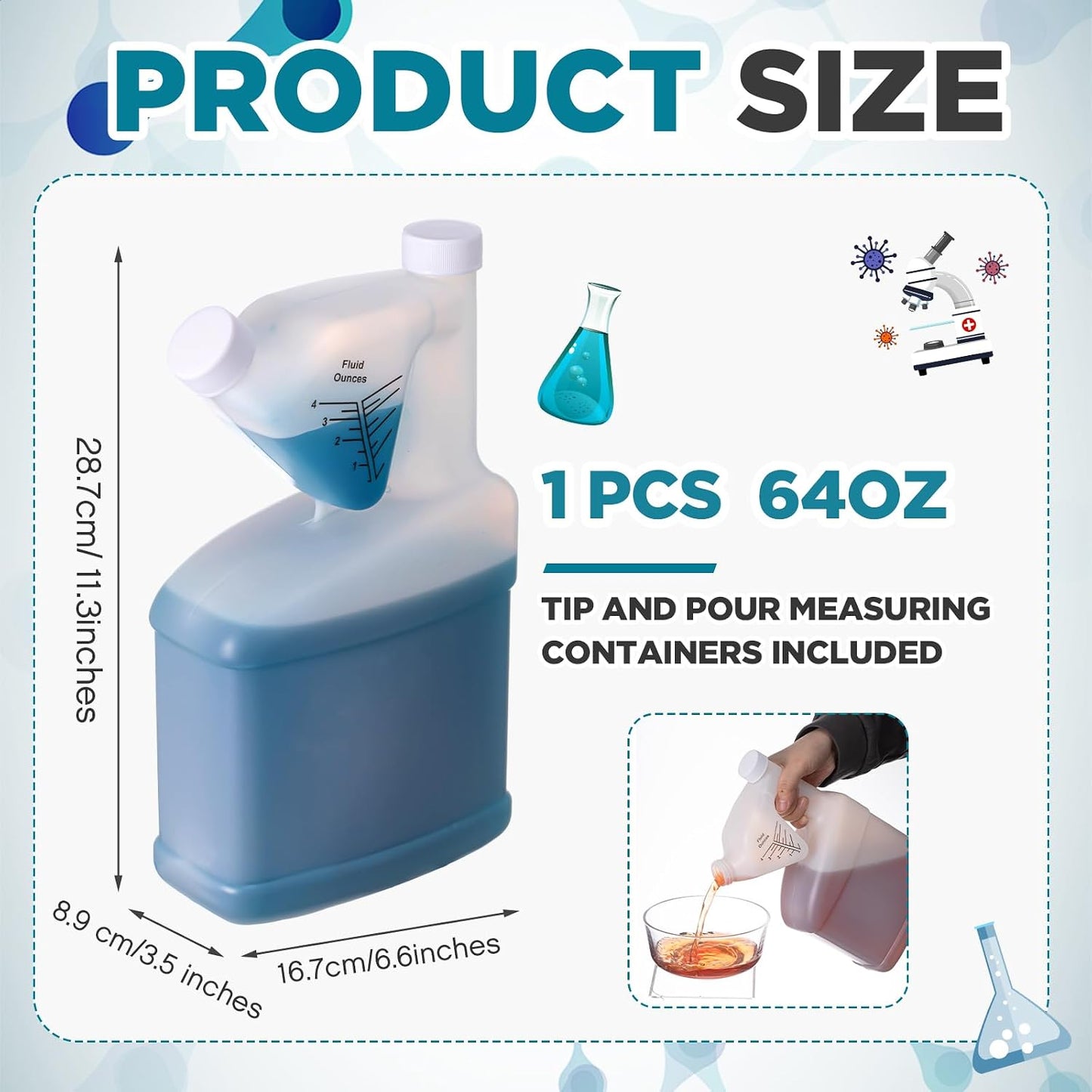 Botella plástico 64oz con punta medición hasta 4oz