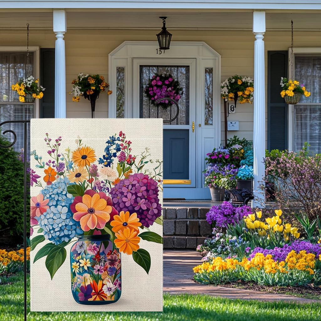 Bandera jardín tarro albañil hortensias 12x18pulg doble cara