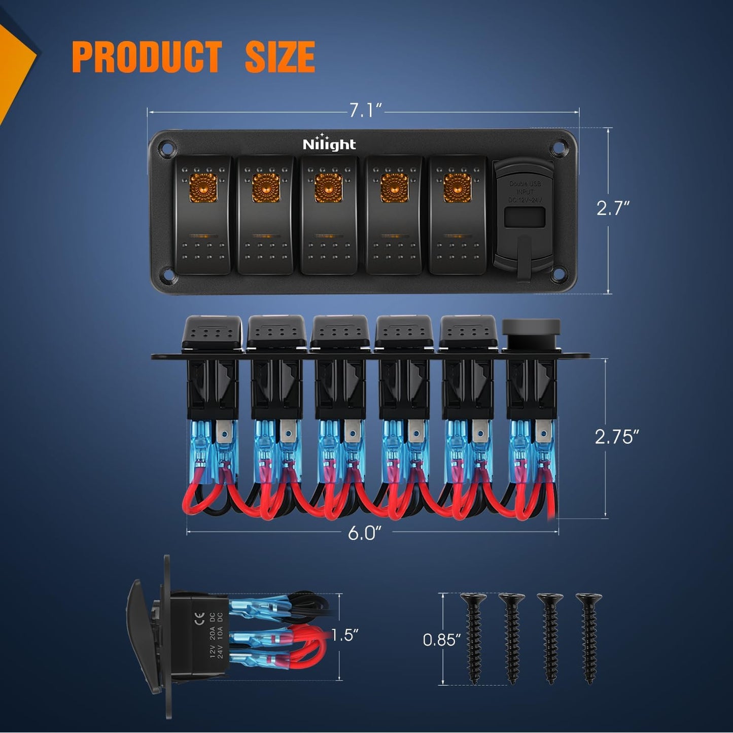 Panel interruptor basculante 5 bandas PD C USB 12V SPST naranja
