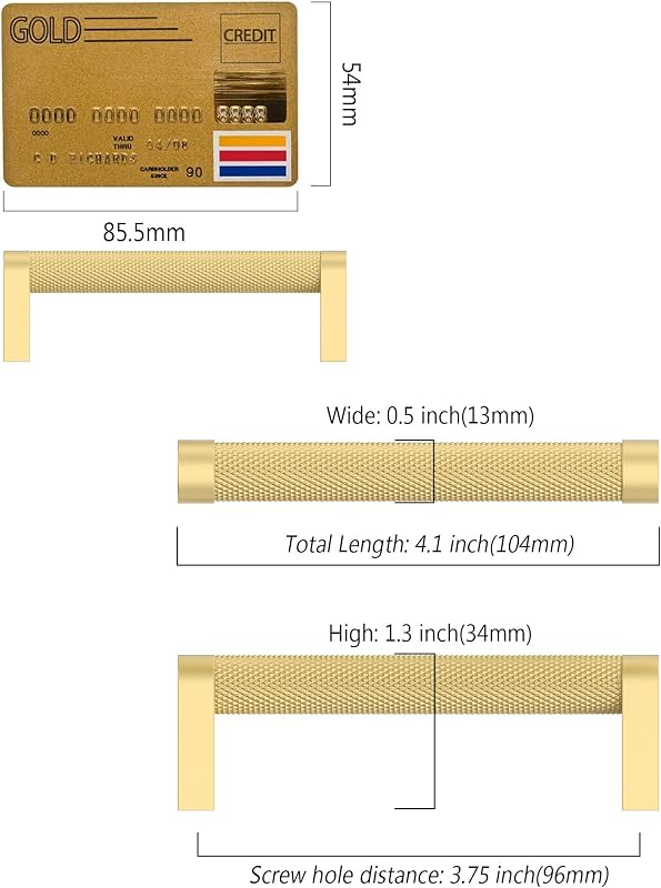 10 Tiradores Oro Cepillado para Armarios Cocina 3.75"