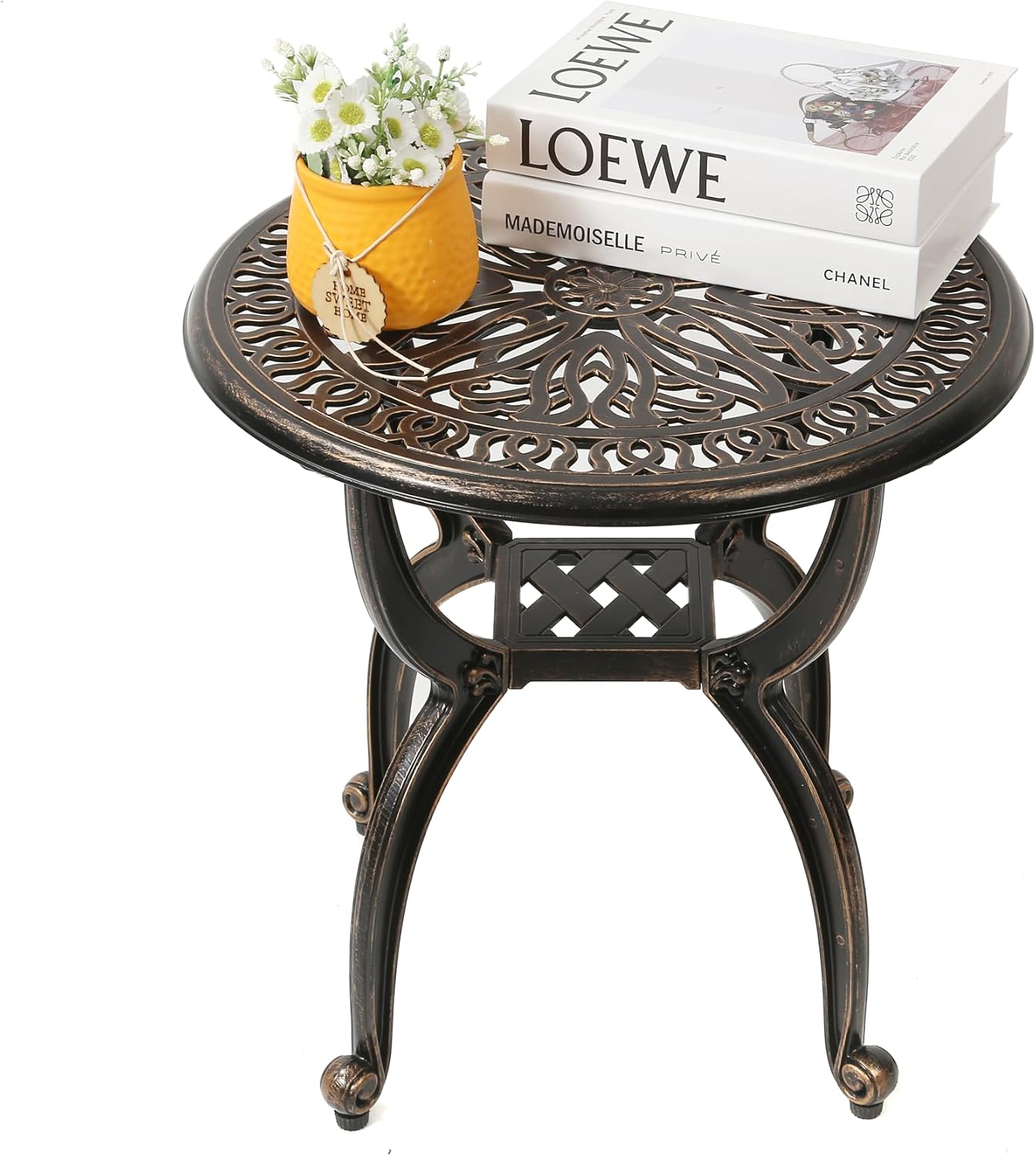 Mesa auxiliar aluminio fundido patrón floral cobre