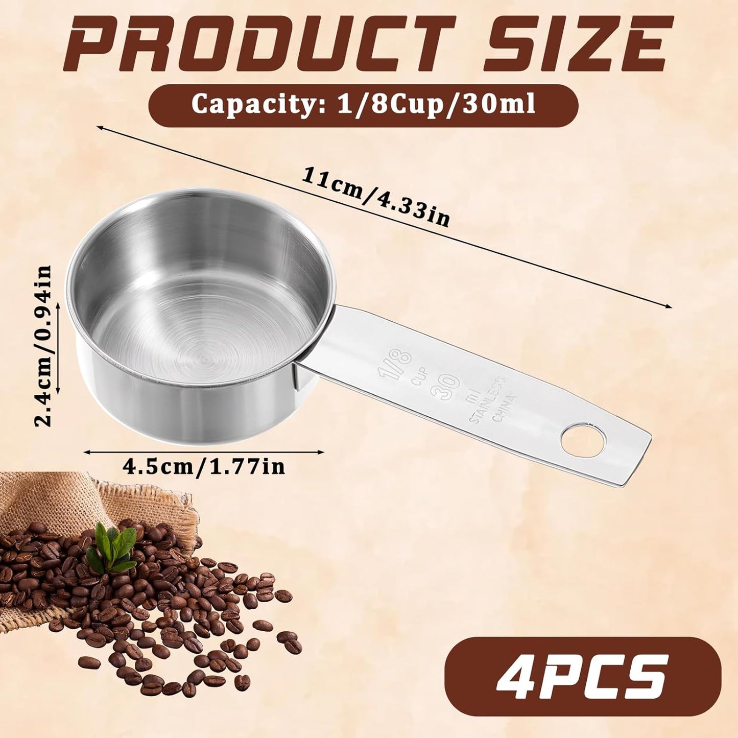 4 Tazas Medidoras Acero Inox 1.0oz Cucharas Metal