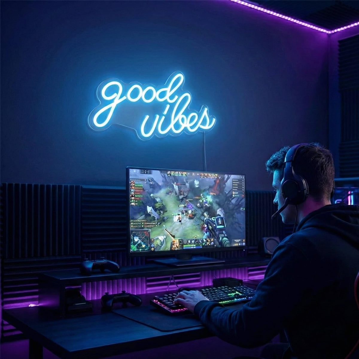 Letrero neón Good Vibes azul hielo LED 16.1x8.3pulg