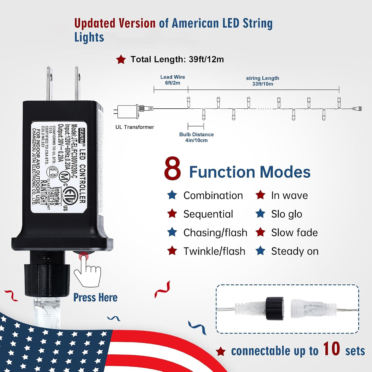 Cadena luces 4 de Julio 100 LED 33ft impermeables