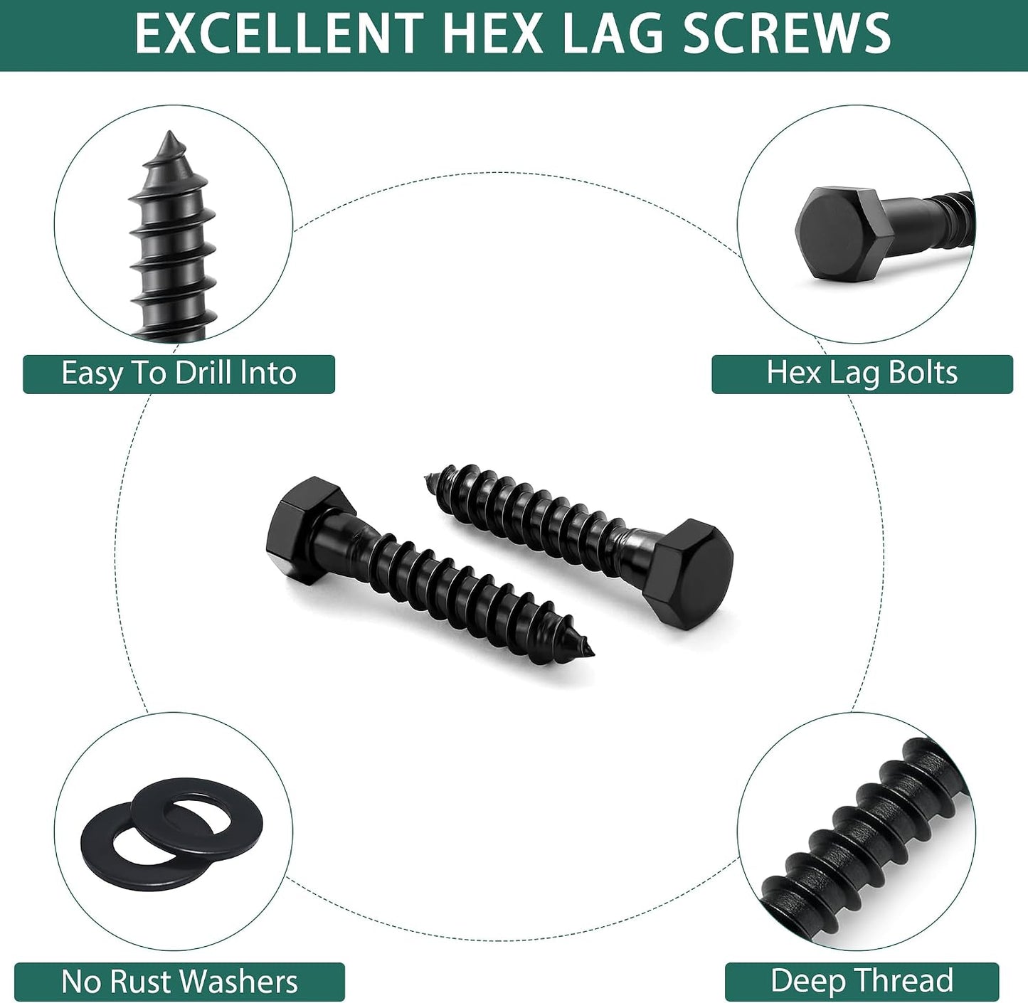 Kit surtido tornillos hex 1/4 pulg 64 pzas madera acero negro