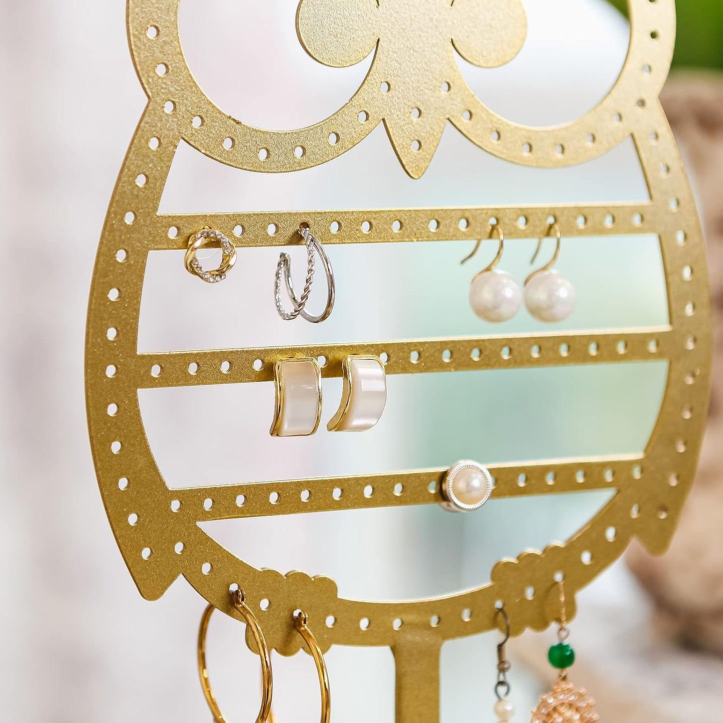 Soporte joyería metal forma árbol lechuza con bandeja anillos