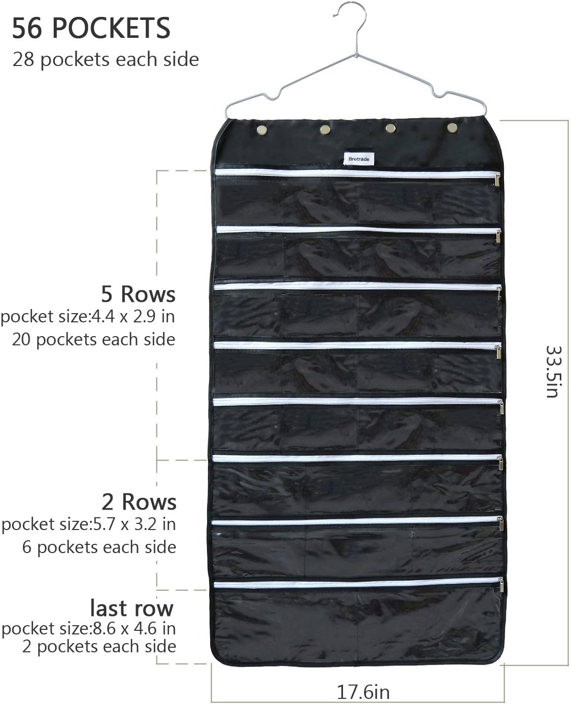 Organiz. colgante joyas 56 bolsillos con cremallera negro