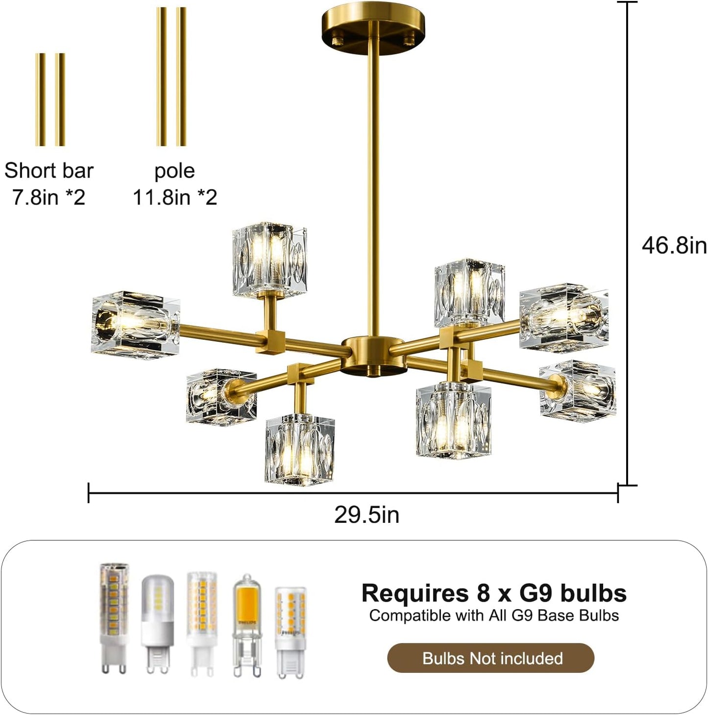 Candelabro cocina cristal Sputnik latón cepillado 8 luces