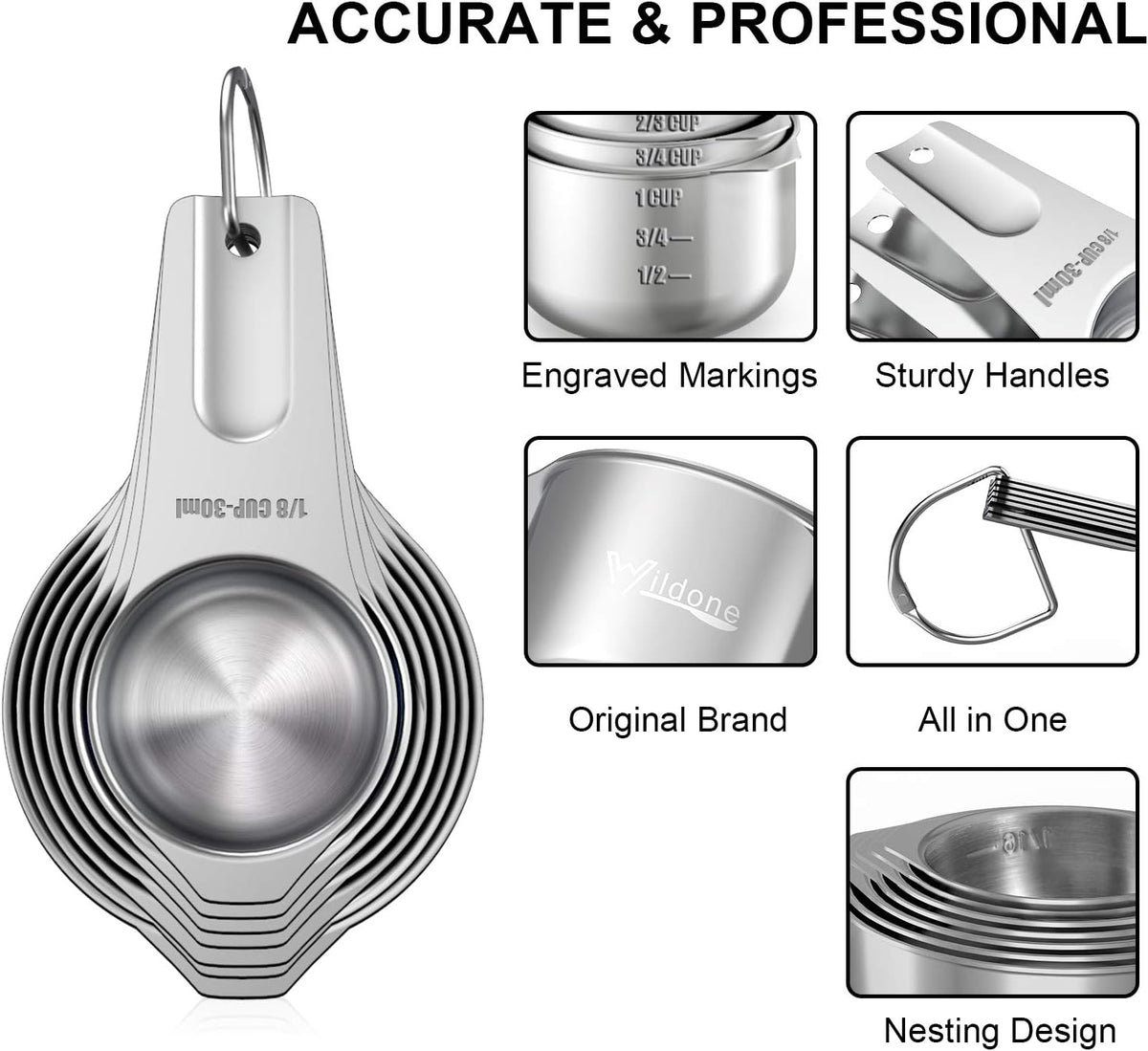 Set 7 Tazas Medidoras Acero Inox con Marcas Claras