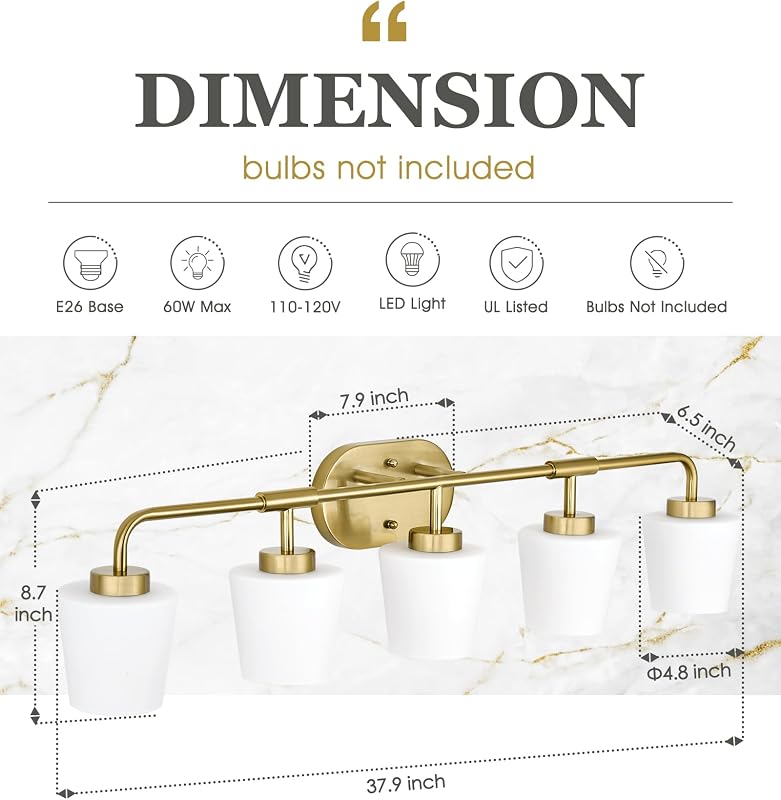 Lámpara baño 5 luces color dorado vidrio leche 38pulg
