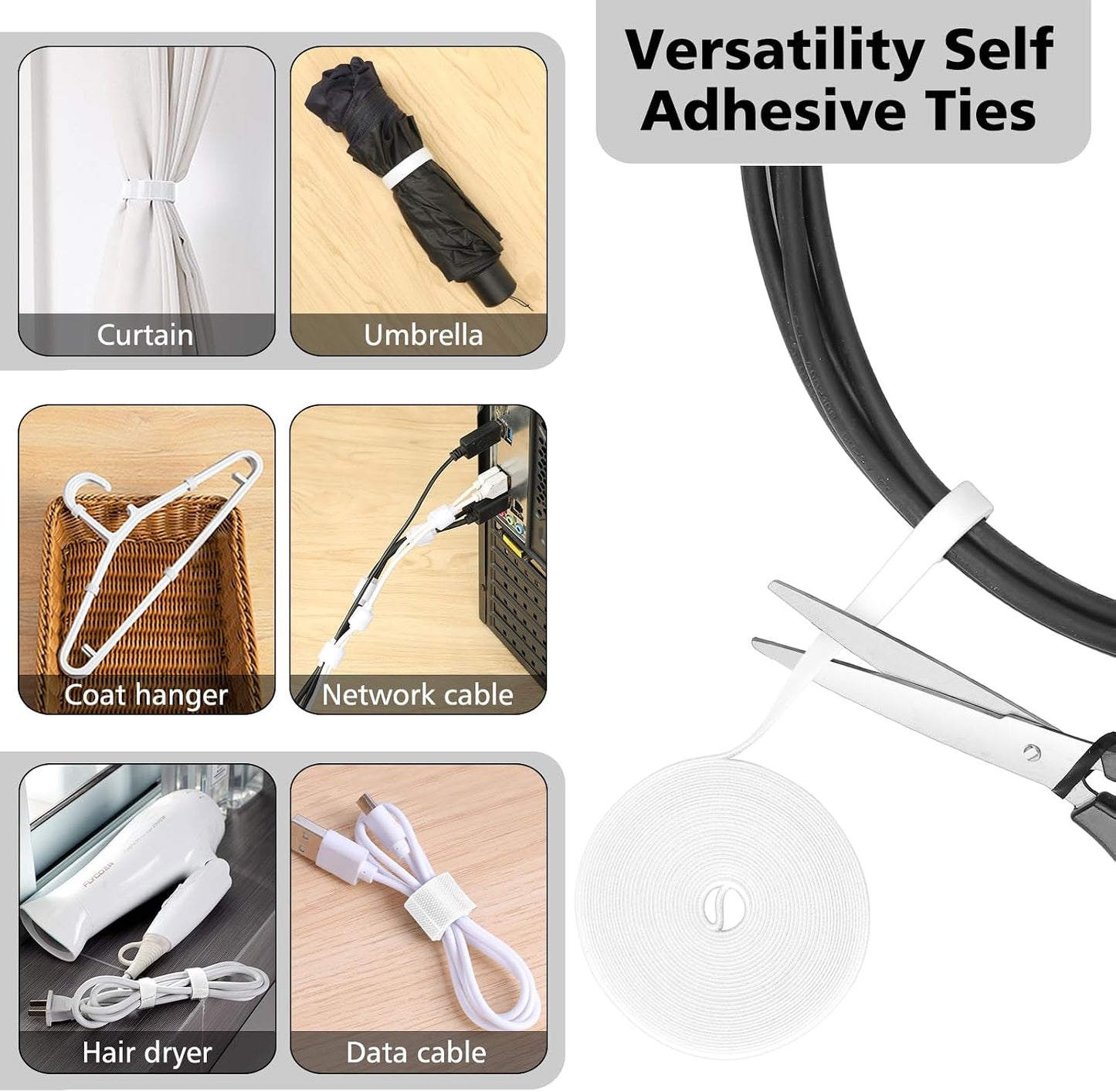 Kit organizador cables 2 fundas 41 clips autoadhesivos 10 rollos bridas reutilizables