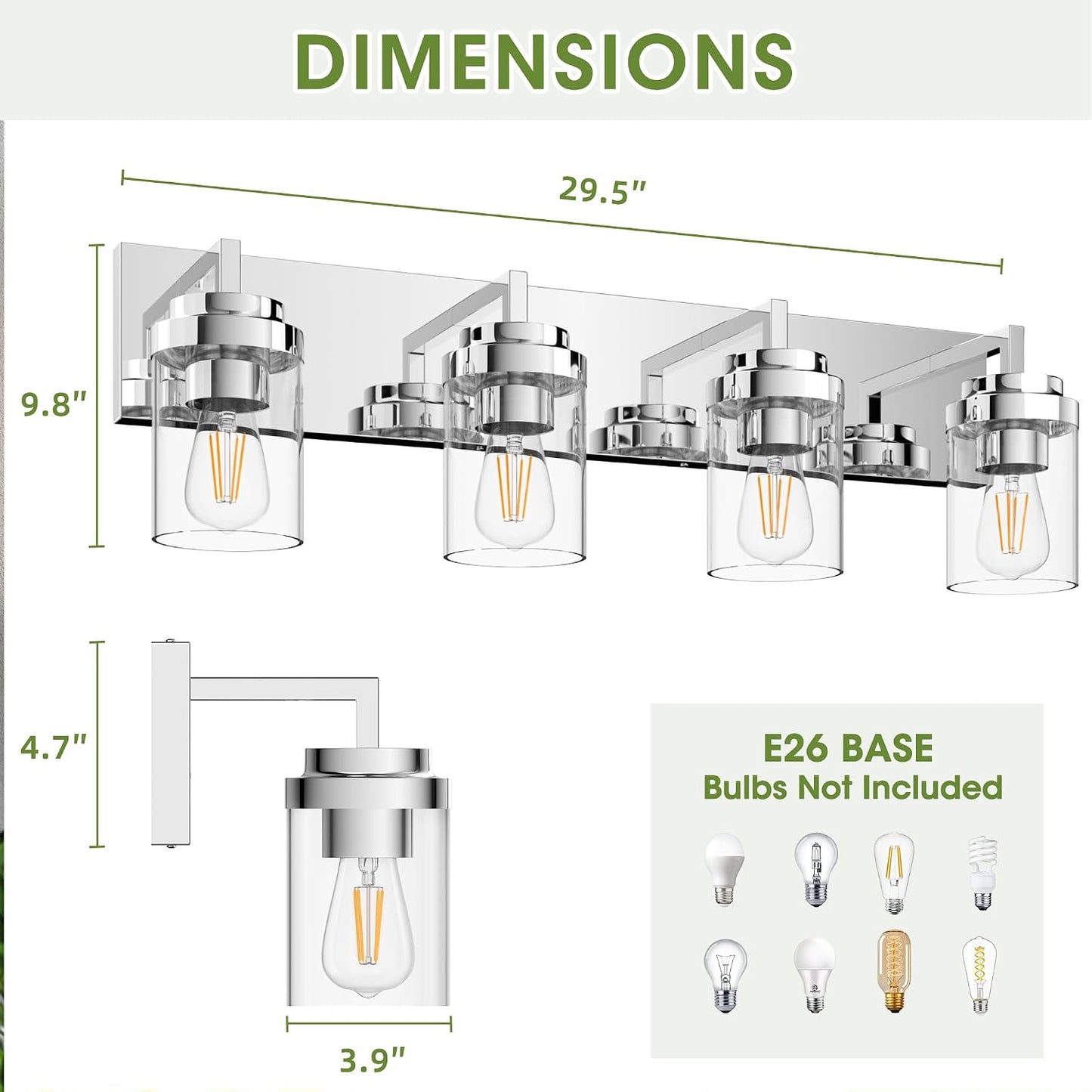 Lámpara baño 4 luces vidrio transparente 30pulg moderna