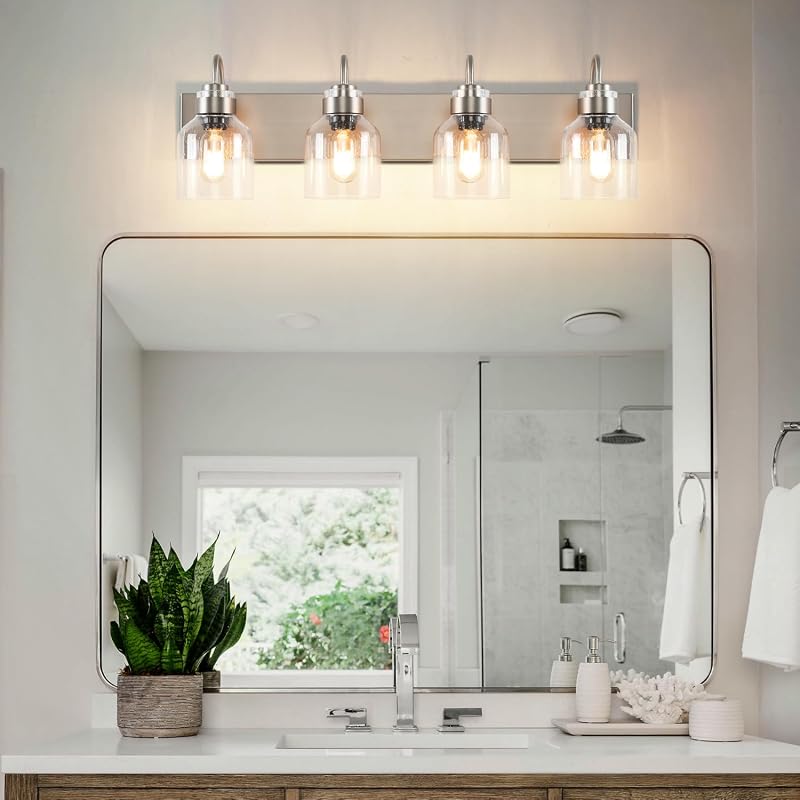 Lámpara baño espejo níquel 4 luces globos vidrio burbuja