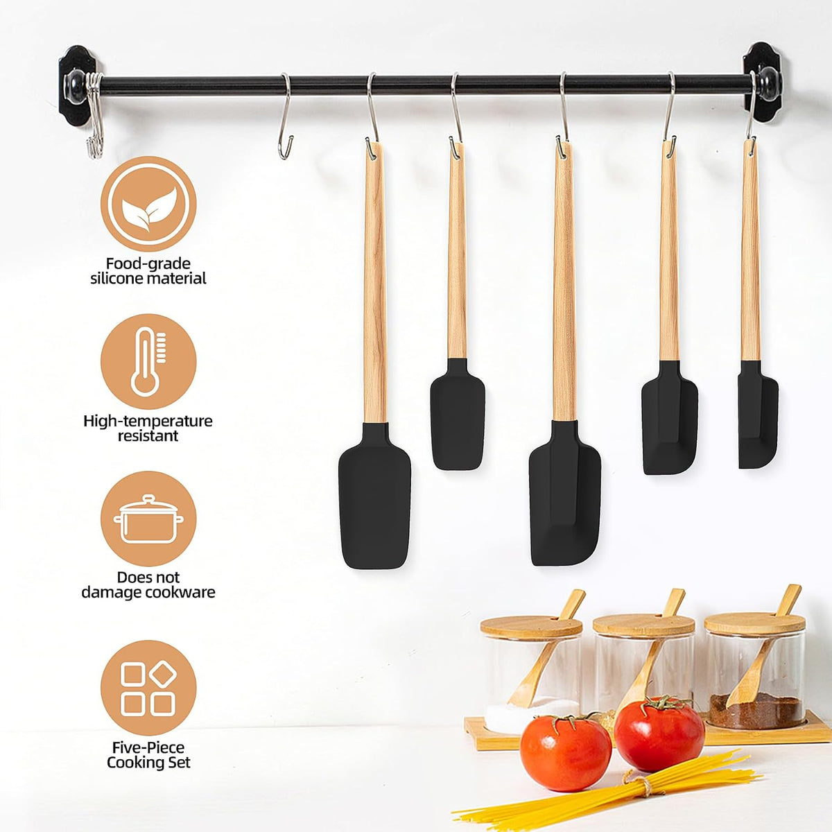Set 5 Espátulas Silicona Mango Madera Cocina Antiadherente Negro