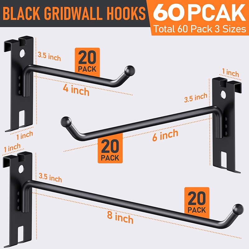 Ganchos rejilla 4-8pulg pack 60 negros para almacenar ropa