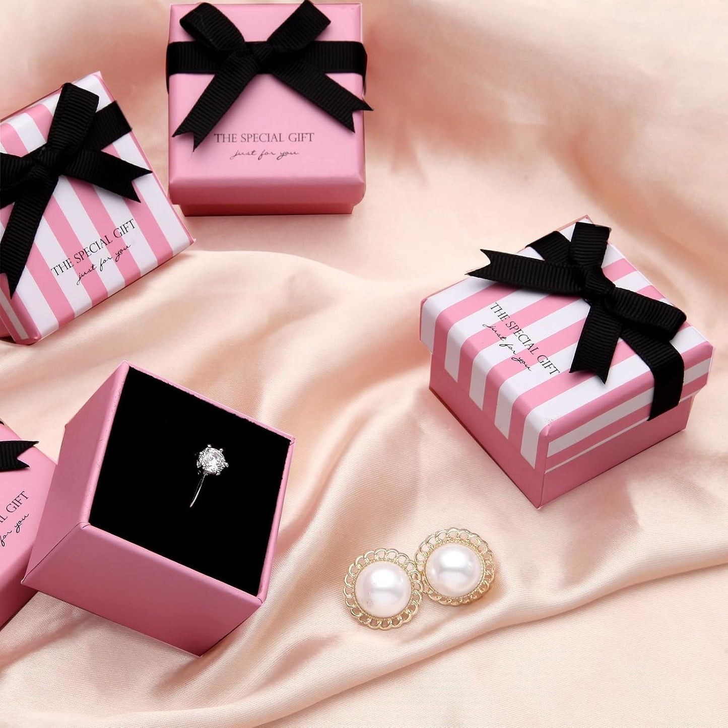 24 Pzas Cajas Regalo Joyería Rosa con Rayas Blancas