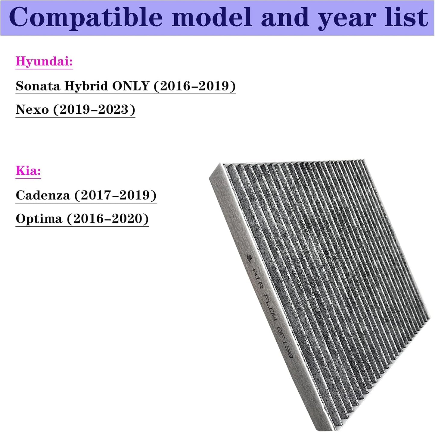 Filtro aire cabina GF159 para Optima Cadenza Nexo Sonata Hybrid