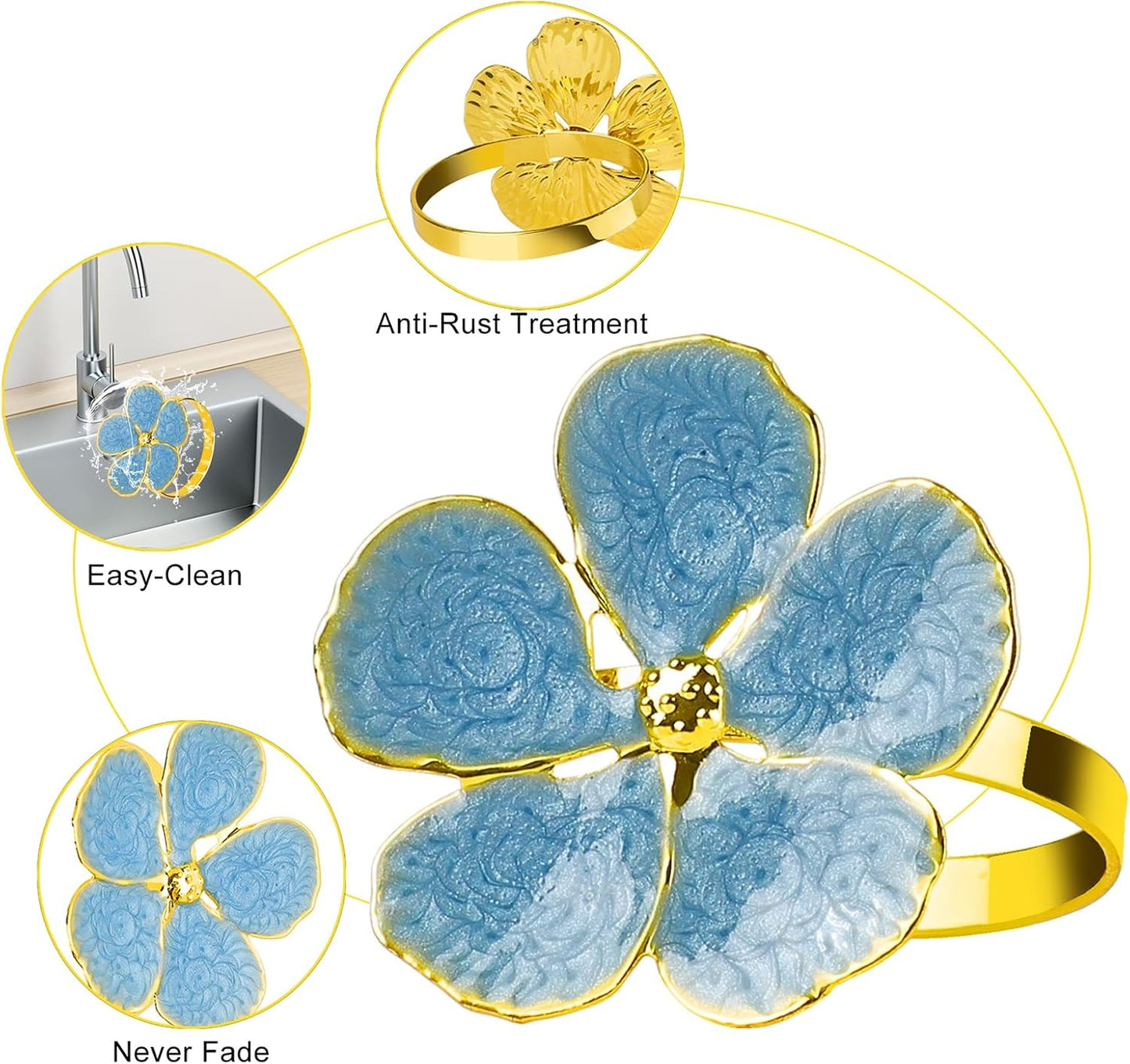 8 Servilleteros Flores Anillos Dorados Rústica Mesa Cena