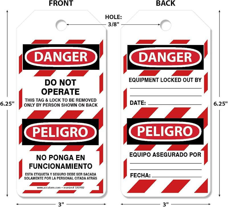 250 Etiquetas Bloqueo Peligro Bilingüe OSHA Resistente