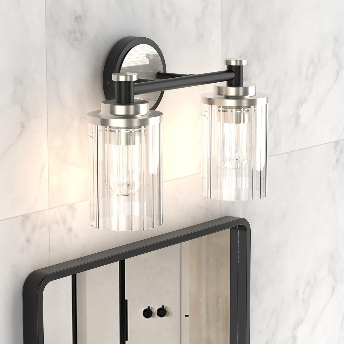 Lámpara baño negro níquel cepillado pantalla vidrio 2 luces